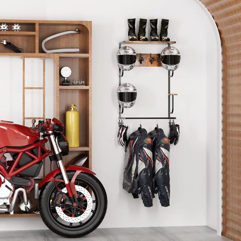 Motorcycle Gear Display Rack - Wooden Wall Mounted Helmet Holder Motorcycle